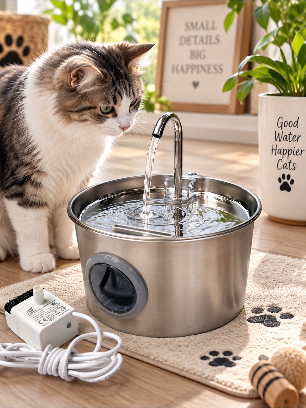 Stainless Steel Cat Water Fountain Bowl with Pump & Faucet